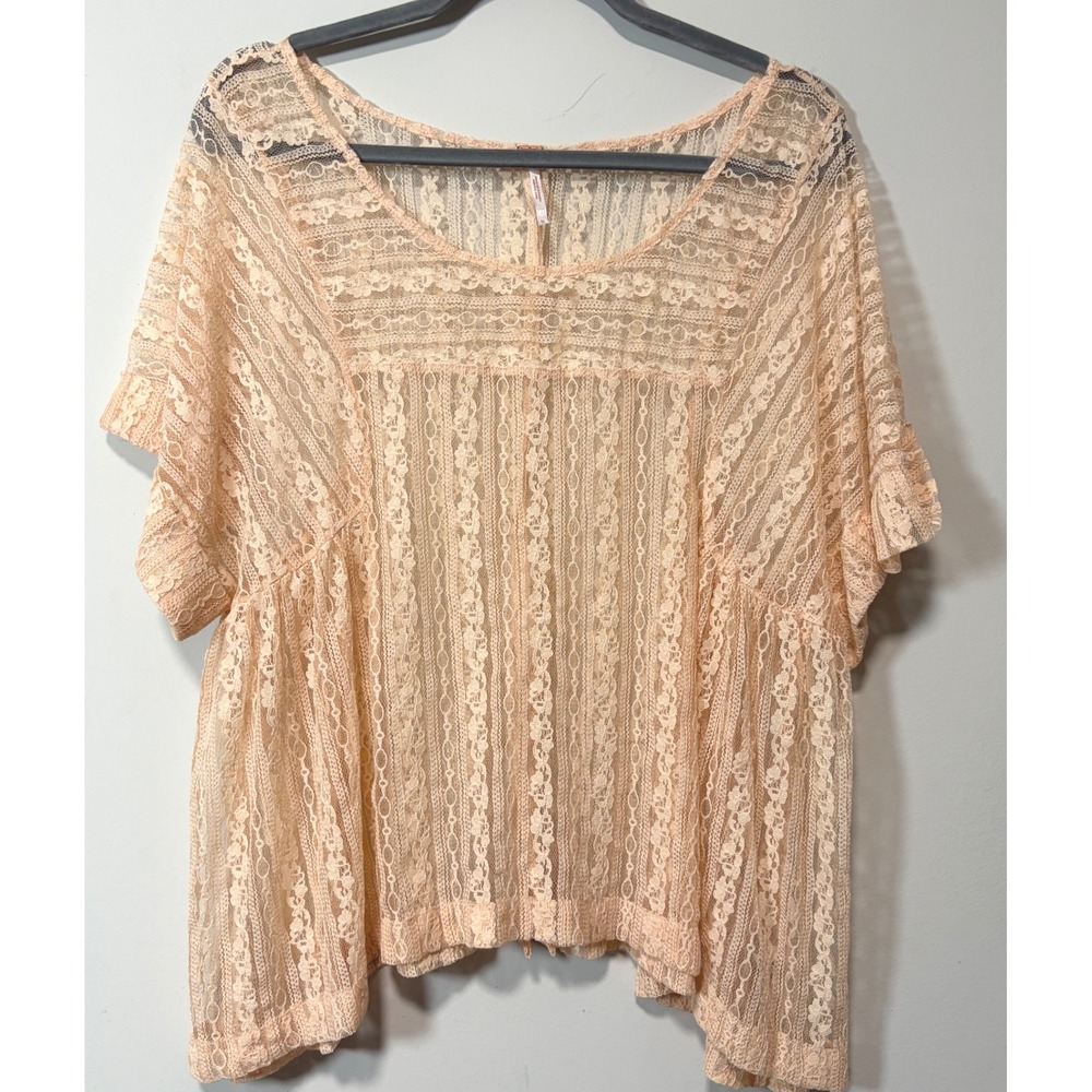 Free People Peach Lace Sheer Boho Top Short Sleeve Scoop Neck Medium 29F303T978C